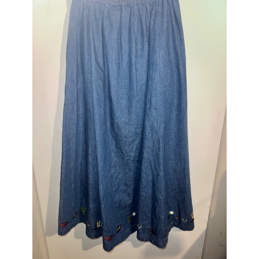 Vtg Eagles Eye Western Embroidered Denim Midi Skirt Button Front Cowboy Boot - Picture 7 of 10